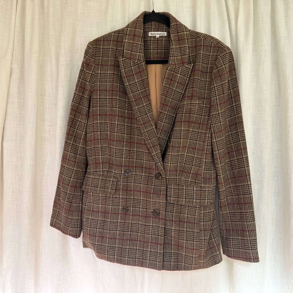 Reformation Women's Plaid Blazer in Brown and Red